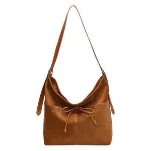 Retro caramel brown matte tote bag with bow detail and contrast stitching for women