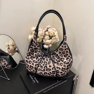 Women Fashion Leopard Print Tote Bag Large Capacity PU Leather Splicing Shoulder Bag Casual Bowknot Underarm Bag Commuter Handbag