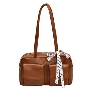 Retro brown large capacity tote bag with dual front pockets and checkered bow detail
