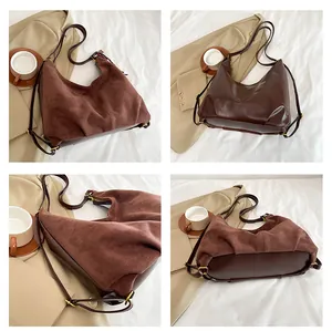 Detailed four-way view of brown suede patchwork tote with pleats and gold buckles