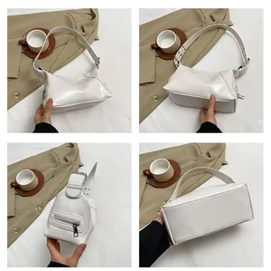 Detail view of cream white PU leather handbag showing four angles and silver metal hardware
