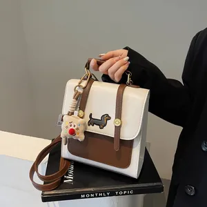 Retro Women Mini Backpack Dachshund Embroidery Colorblock PU Leather Crossbody Bag With Cute Plush Pendant Multi-Functional Travel Daypack