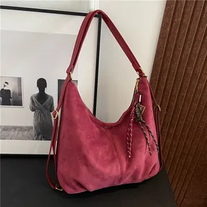 Vintage Frosted Suede Leather Large Tote Bag Pleated Underarm Shoulder Bag With Woven Pendant For Women Daily Office Commute
