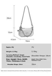 Detail view of stylish beige PU small square bag with silver chain and dimensions
