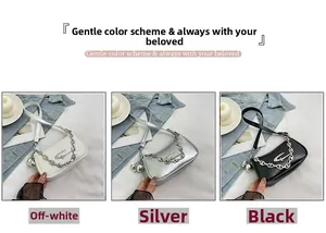 Three shoulder bags in off-white, silver, and black with star buckles and chain straps