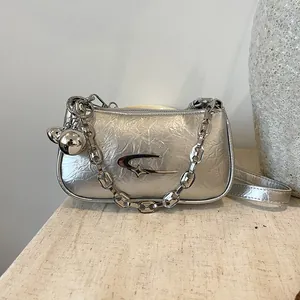 Women Fashion Metallic Wrinkled PU Leather Underarm Bag Y2K Star Logo Shoulder Bag With Silver Chain And Ball Pendant Small Hobo Bag