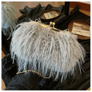 Close-up of a grey faux fur handbag featuring a gold metal frame and spherical clasp
