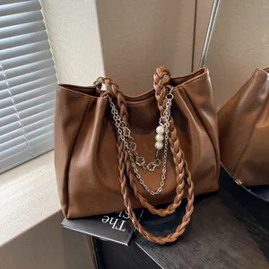 Women Large Capacity PU Leather Tote Bag Braided Strap Artificial Pearl Metal Chain Decor Fashion Casual Shoulder Bag Daily Commuter