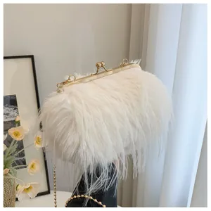 Close-up of white feather clutch bag with gold ball chain and metal clasp