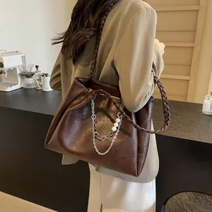 Large capacity dark brown faux leather tote bag with silver chain and pearls decoration
