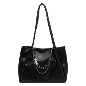 Chic black PU leather tote bag with woven handles and elegant pearl chain decoration