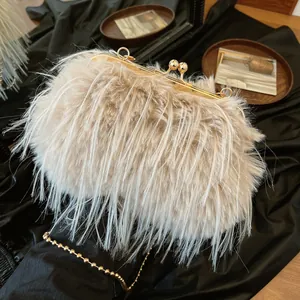 Elegant Faux Fur Feather Evening Clutch Bag With Gold Bead Chain For Women Banquet Wedding Party Plush Crossbody Handbag
