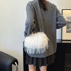 Fashionable white faux feather crossbody bag with gold chain strap for women