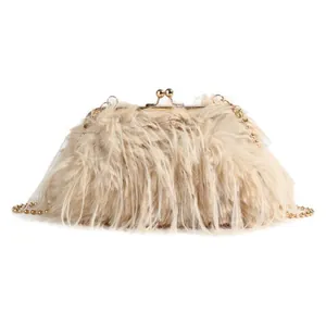 Fuzzy cream faux fur clutch with gold frame and chain strap for elegant evening wear