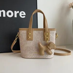 Minimalistische Damen PU Leder Beuteltasche Stein Marmor Textur Umhängetasche Mit Welpen Anhänger Pendeln Top Handle Handtasche
