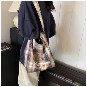 Detail of checkered tote bag with blue and orange plaid pattern and white printed text
