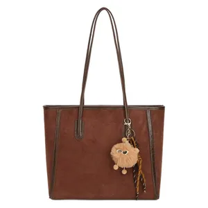 Large capacity dark brown faux suede tote bag for women with plush animal charm