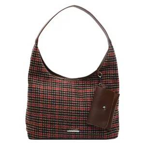 Classic houndstooth shoulder bag in red and black with brown leather straps and card pouch