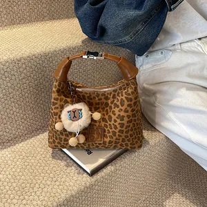 Vintage Leopard Print Hobo Bag For Women Faux Fur Shoulder Bag With Plush Charm Commuter Handbag Zip Closure Brown Khaki Coffee