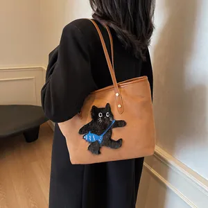 Brown wool tote bag with cute cat embroidery and slim leather straps for women