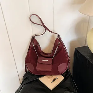 French Retro Contrast Color Underarm Shoulder Bag For Women PU Leather Crossbody Hobo Bag With Chain And Mini Pouch