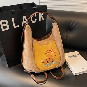 Sac Fourre-Tout en Velours Côtelé Rétro pour Femmes Sac à Épaule Grande Capacité Avec Broderie Écusson Chien Chat Sac à Main Décontracté