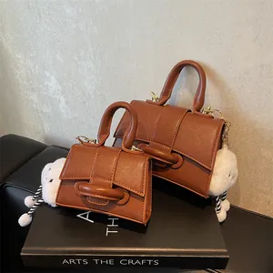 Women Vintage PU Leather Square Crossbody Bag With Cloud Plush Pendant Detachable Strap Daily Fashion Shoulder Bag Handbag