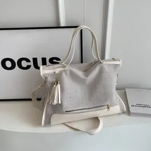 Sac Fourre-tout de Grande Capacité pour Femme Tissu Épissé Cuir Synthétique Gland Sac à Bandoulière Sac à Main de Quotidien