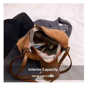 Top view of spacious interior of brown vintage tote bag showing large capacity for essentials