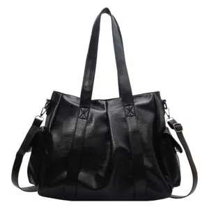 Grand sac cabas en cuir noir avec design plissé et bandoulière réglable pour femmes