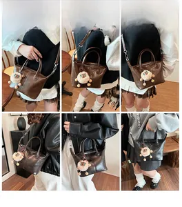 Collage of brown vintage leather tote bag shown in various lifestyle outfit scenarios