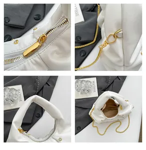 Detailed views of white pleated handbag with gold chain strap and starry rivet studs