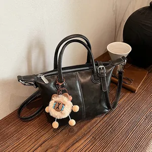 Korean Style Casual PU Leather Tote Bag For Women Large Capacity Shoulder Bag With Contrast Stitching And Plush Pendant Daily Office Handbag
