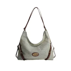 Grande borsa tote vintage in denim da donna con spalline in pelle in grigio blu