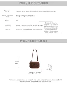 Detailed size specifications and bag parameters for the retro brown PU messenger bag