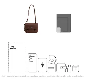 Brown retro square messenger bag with textured finish showing interior storage capacity