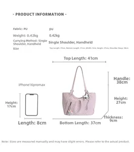 Detailed size chart showing dimensions and capacity of the pink PU leather tote bag