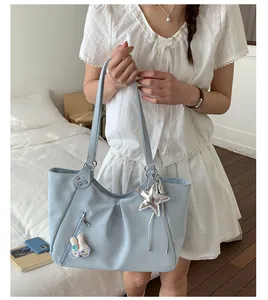 Korean style blue polka dot canvas tote bag, large capacity shoulder bag for women daily use.