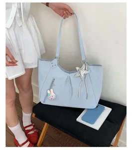 Korean style blue polka dot tote bag for women, large capacity stylish casual shoulder bag.
