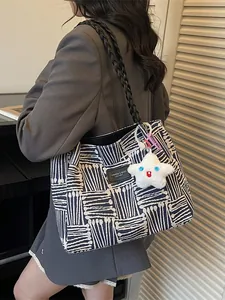 Fashionable large capacity canvas tote bag with geometric blue and white patterns for women
