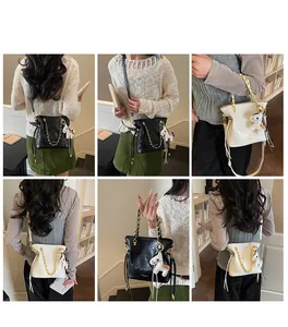 Quilted bucket bag shown in multiple angles on model with chain handle and charm