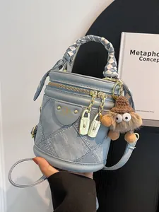 Fashion Rhombus Quilting Bucket Bag Denim Texture PU Leather Handbag With Satin Scarf Handle And Plush Charm For Women