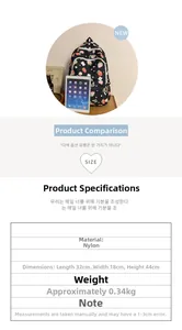 Detailed size chart for black strawberry print nylon backpack showing 32x18x44cm dimensions