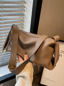 Women Fashion Lychee Texture PU Leather Underarm Bag Large Capacity Minimalist Gold Hardware Shoulder Crossbody Pillow Bag