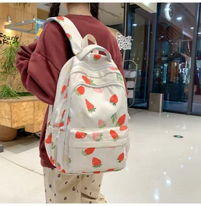 Detail of strawberry print backpack featuring multi-zipper pockets and large capacity