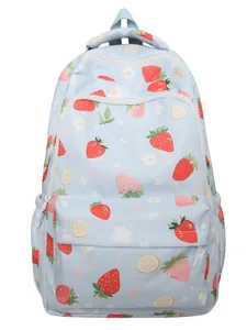 Blue strawberry floral backpack with large capacity and multi-layer zipper pockets