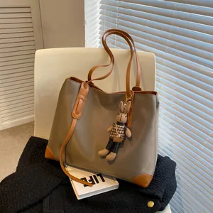 Large Capacity Nylon Tote Bag For Women Casual Color Block Shoulder Bag With Rabbit Pendant Commuting Handbag Travel Bag