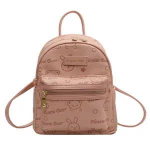 Rosa Mini-Rucksack aus Kunstleder mit süßen Bärenmustern und Flenew Bear Logo-Print