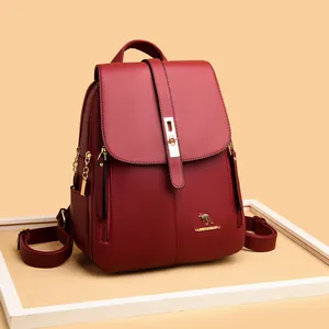 Zaino alla moda in pelle bordeaux da donna con trama litchi e fibbia in metallo dorato