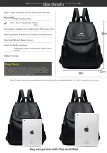Size chart for black faux leather backpack showing 32x28x12cm dimensions and iPad scale